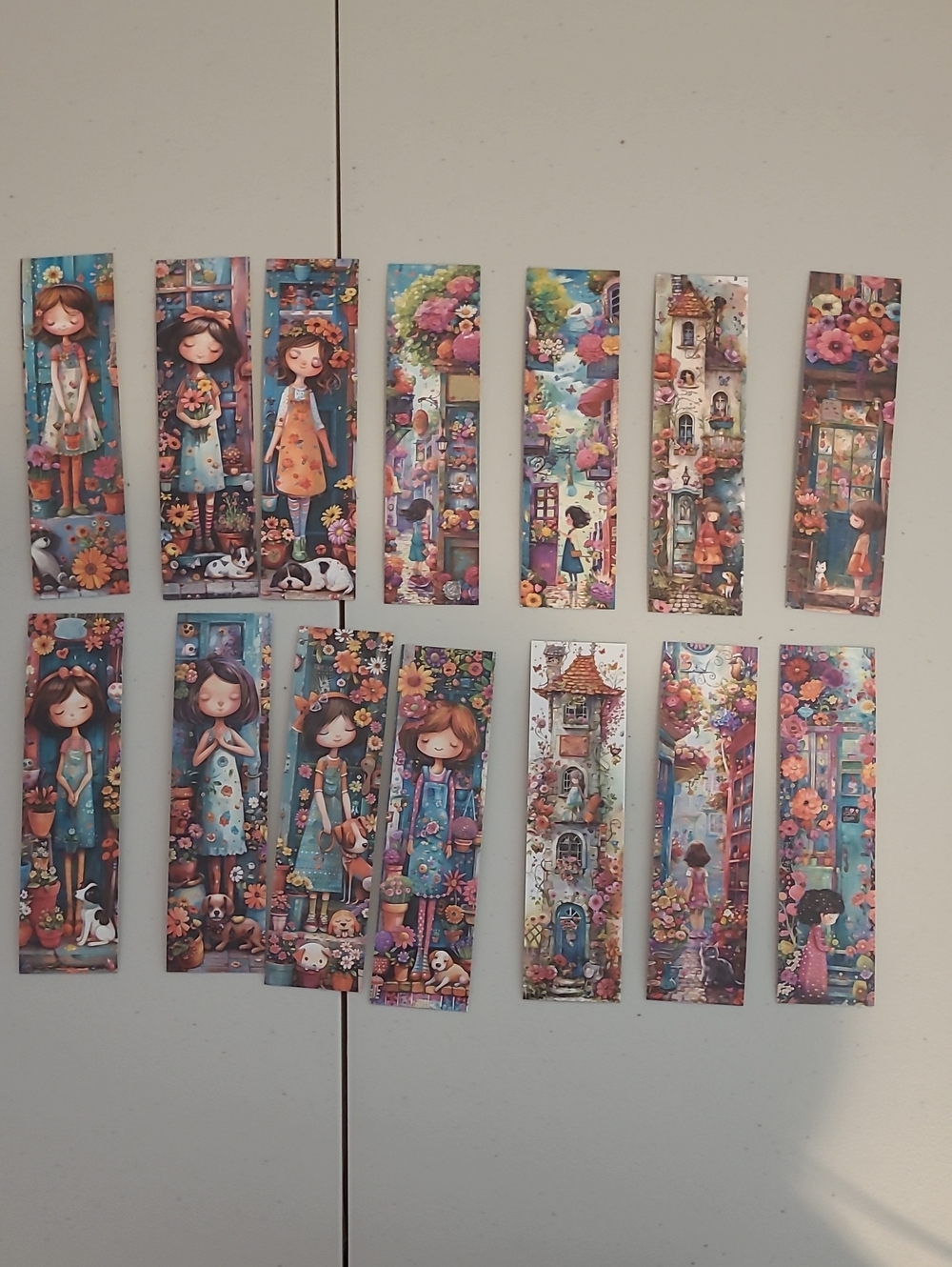 Set of 32 Colorful Illustrated Bookmarks - Floral Girls & Whimsical Scenes